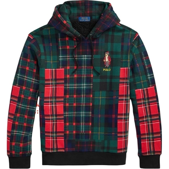 Polo by Ralph Lauren Multicolor Patchwork Hi-Pile Fleece Hoodie Holiday Bear MD - Picture 5 of 16